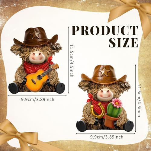 2 Pcs Resin Highland Cow Figurines Decor, Western Cowboy Style - Image 3