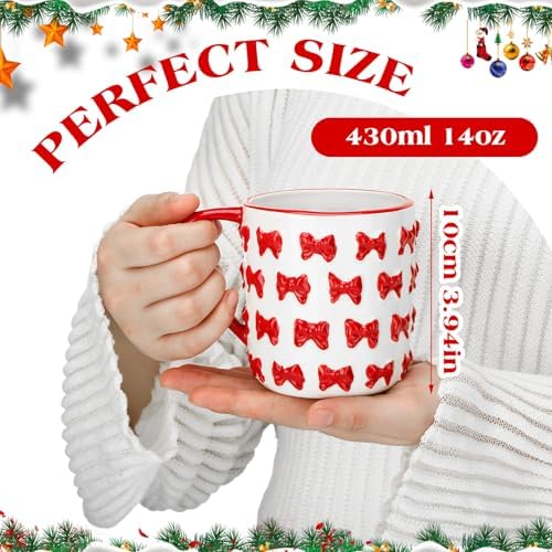 Vesici Christmas Mugs Ceramic Cute Coffee Mug with Handle,Red Bow - Image 2