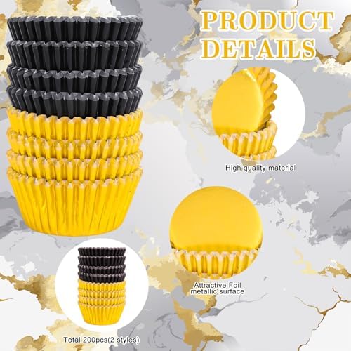 JarThenaAMCS 200Pcs Black Gold Foil Cupcake Liners Graduation Foil Metallic Baking Cups Cupcake Wrappers Muffin Liners for 2026 Class New Year Holiday Party Supplies - Image 3