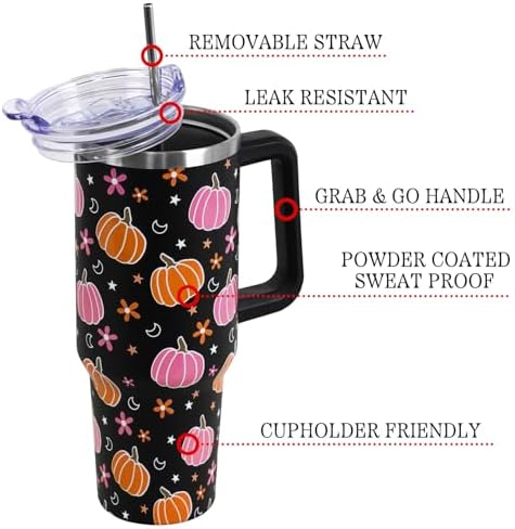 Halloween Tumbler with Lid and Straw 40oz,Pink Pumpkin Star Moon Vacuum Insulated Leak Proof Fall Tumbler,Goth Cute Spooky Gift Women Girls,Halloween Accessories Stainless Steel Coffee Cup - Image 4