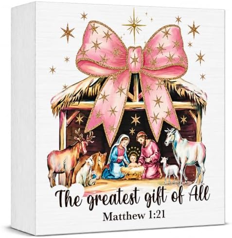 Pink Christmas Decor, Christian Christmas Decorations Indoor, Glitter Bow Nativity Scene Sign Gift for Women Friends, Rustic Wooden Box Sign for Home Office Bedroom Desk Decor 5x5 Inches by Unknown