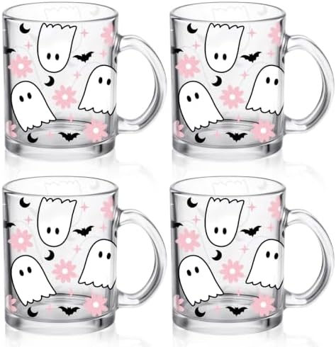 LemonRoad 4 Pack Halloween Glass Coffee Mugs 12 oz Ghost Cups with Handles by Unknown
