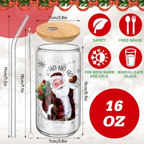 6 Set Christmas Glasses Cups with Bamboo Lid and Glass Straw 16 oz Christmas Drinking Cup Red Black Santa Gingerbread Beer Iced Coffee Cup Xmas Tumbler Mugs for Women Men Holiday Party Gifts - Image 2