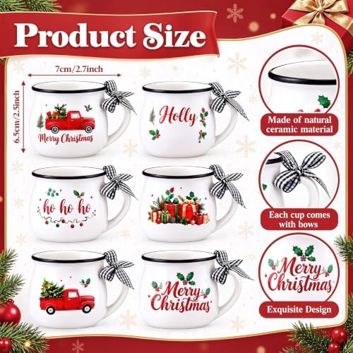 Potchen 6 Pcs 5 oz Christmas Coffee Mugs with Ribbons,Fresh - Image 2