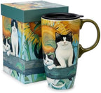 Topadorn 17oz Ceramic Travel Mug with Lid, Sunflower & Cat Coffee Mug by Topadorn
