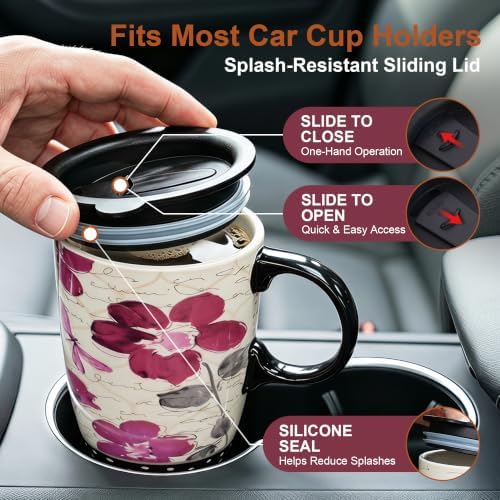 Topadorn 17oz Ceramic Travel Mug with Lid, Pink Floral Coffee Mug for Women - Image 3
