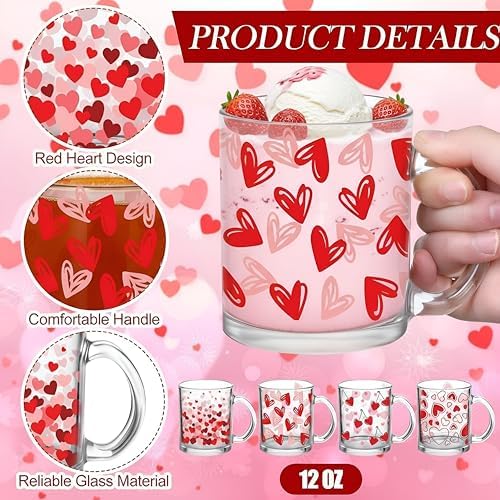 Bokon 4 Pcs Valentine Glass Coffee Mugs, 12 oz, Red Heart - Image 3