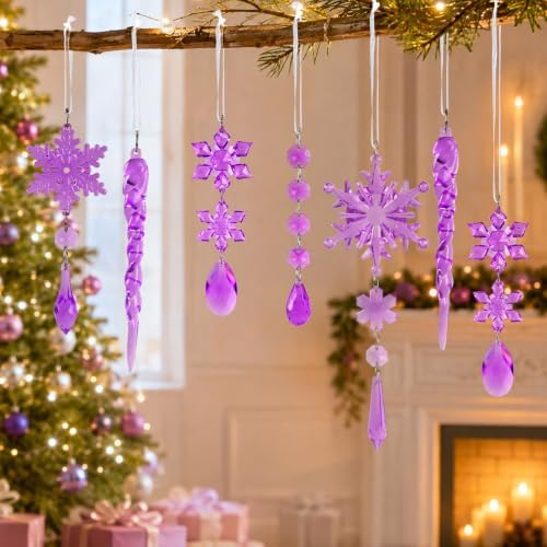 32pcs Crystal Christmas Ornaments for Christmas Tree Decorations-Purple Hanging Acrylic Snowflake and Icicle Ornaments with Drop Pendants for Xmas Winter Wonderland New Year Party Decorations Supplies - Image 5