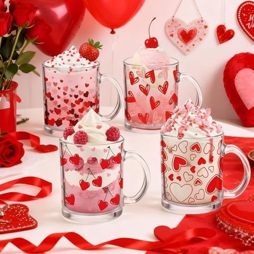 Bokon 4 Pcs Valentine Glass Coffee Mugs, 12 oz, Red Heart - Image 4