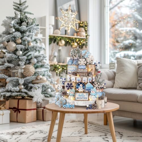 Shellwei 23 Pcs Christmas Tiered Tray Decor Set, Blue Snowman Wood Signs - Image 6