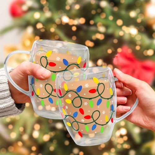 JarThenaAMCS Christmas Double Wall Glass Coffee Mugs 12Oz Colorful Xmas Light Bulb Insulated Glasses Clear Espresso Cups with Handle for Winter Holiday Supplies, Set of 2 - Image 7