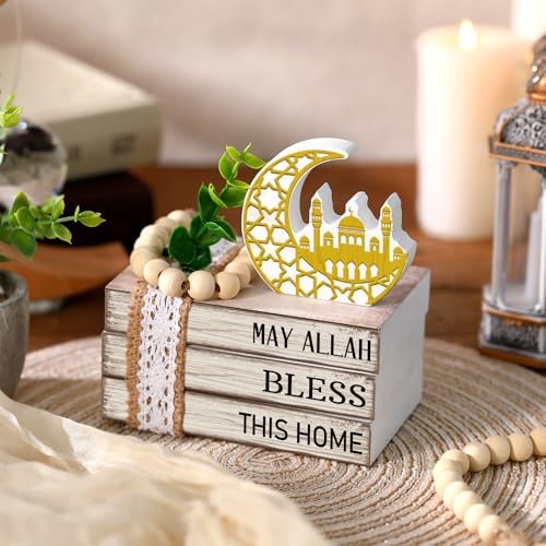Eid Mubarak Decorations for Home Ramadan Decorations Wood Ramadan Mubarak Table Sign Golden Moon Eid Tiered Tray Sign for Islamic Muslim Table Indoor Shelf Office Gifts - Image 2