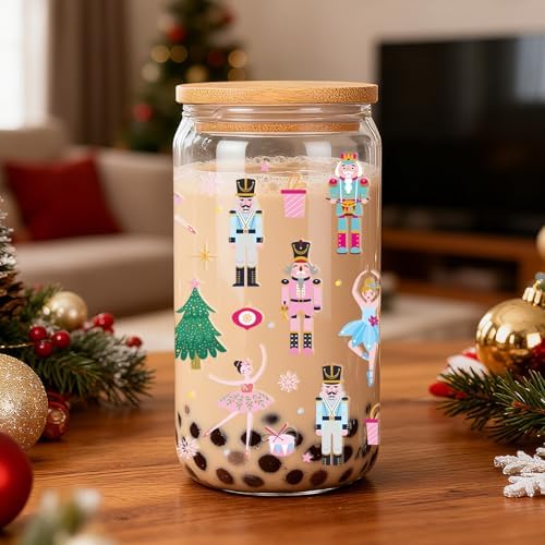 Christmas Nutcracker Gifts 16Oz Glass Coffee Cups with Lid Straw - Image 6