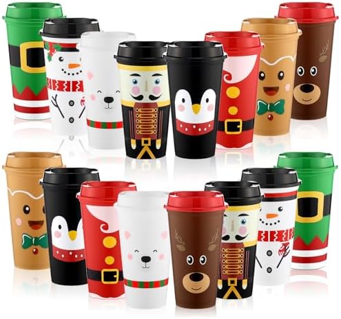 SiliFine 16 Pcs Christmas Coffee Cups with Lids 16 oz Reusable Travel Mugs by SiliFine