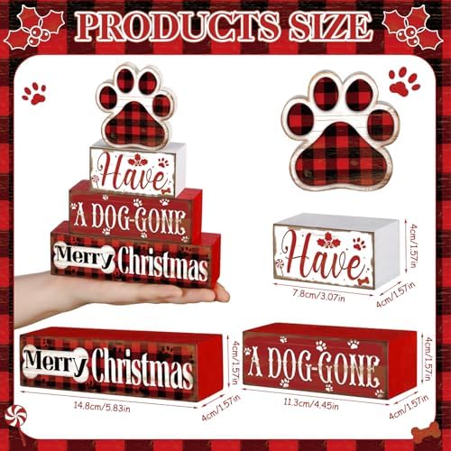 Moucuny 4 Pcs Christmas Dog Table Decorations Wooden Farmhouse Block Signs - Image 2