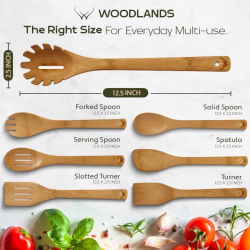 Prime Bamboo Wooden Spoons for Cooking Set of 7 Pcs – Wooden Cooking Utensils with Long Handle, Includes Flat Wood Spoon, Bamboo Spatula, and Slotted Spoon for Kitchen Utensils Set - Image 3
