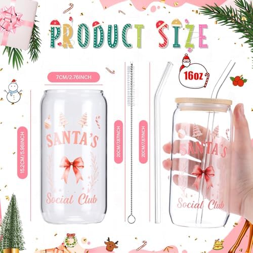 Vesici 6 Set Christmas Glasses Cups 16 oz Xmas Drink Cup with Lid Straw and Stopper Can Shaped Beer Tumbler Christmas Pink Appreciation Gifts with Cards and Bow for Women Birthday Party Favor - Image 2