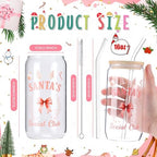 Vesici 6 Set Christmas Glasses Cups 16 oz Xmas Drink Cup with Lid Straw and Stopper Can Shaped Beer Tumbler Christmas Pink Appreciation Gifts with Cards and Bow for Women Birthday Party Favor - Image 2