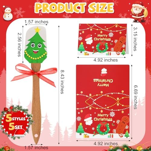 Newtay 5 Sets Christmas Silicone Spatula Cake Spatula Bulk Cooking Scraper with Wooden Handle Xmas Greeting Card Ribbon for Christmas Decoration Holiday Gifts Kitchen Party Favors (Cute Style) - Image 2