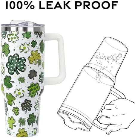 St Patricks Day Gifts 40 oz Tumbler with Handle and Straw Lid,Cute St Patrick's Day Spring Gift for Women Men Lucky Clover Shamrock Polka Dot Vacuum Insulated Leak Proof Stainless Steel Coffee Cup Mug - Image 4