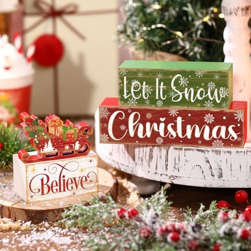 Moucuny 4 Pcs Christmas Sleigh Table Decorations Xmas Wood Block Signs - Image 5