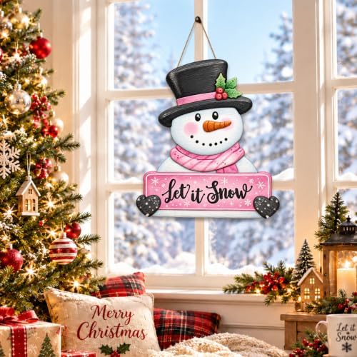 Christmas Decorations Winter Pink Snowman Hanging Wooden Front Door Sign - Image 6