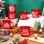 Yaomiao Christmas Enamel Mugs Set of 6 Red or Green Xmas Coffee Mugs Gifts 12 oz Hot Chocolate Holiday Cups with Handle Christmas for Men Women Coworkers Employee Gifts(Let It Snow,Red) - Image 6