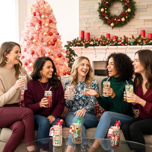 Vesici 6 Set Christmas Glasses Cups 16 oz Xmas Drink Cup with Lid Straw and Stopper Can Shaped Beer Tumbler Christmas Appreciation Gifts with Cards and Bow for Women Birthday Party Favor - Image 6