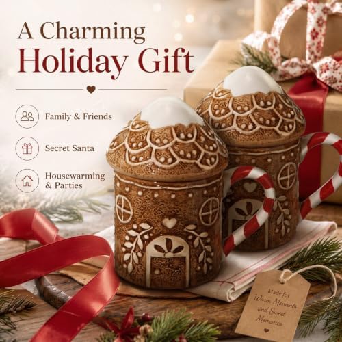 Potchen 2 Pcs Christmas Ceramic Gingerbread House Mugs with Lids - Image 5