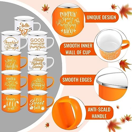 Mumufy 9 Pcs Fall Coffee Mugs, 12 oz, Thanksgiving Enamel Mugs with Handle - Image 5