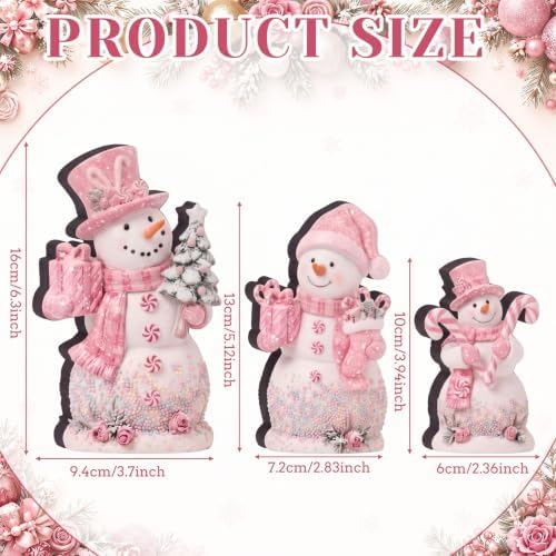 Suzile 3 Pcs Christmas Pink Candy Snowman Decoration Wooden Indoor Decor - Image 3