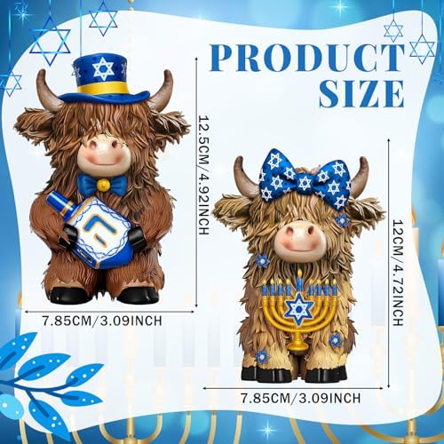 2 Pcs Hanukkah Highland Cow Figurines Decor, Blue Hanukkah Style - Image 3