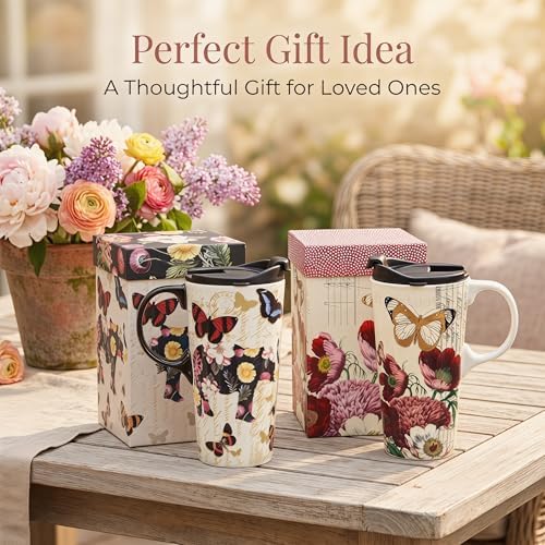 Topadorn 17oz Ceramic Travel Mugs with Lids, Butterfly Floral Mug Set of 2 - Image 3