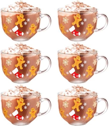 Sliner 6 Pcs Christmas Glass Coffee Mugs with Handle, 16 oz Clear Irish Coffee Mugs Footed Irish Glasses Christmas Winter Holiday Cups for Beverages Latte Hot Chocolate(Gingerbread) by Sliner