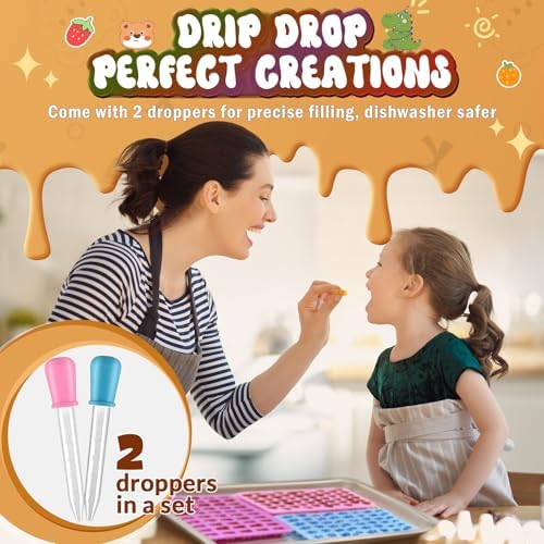 Gummy Bear Molds Silicone Mini Size, Non-stick Chocolate Candy Gummy Mould for Kid with 2 Droppers Including Dinosaur, Bear, Hearts and Donut Shape 201 Cavities - Image 2