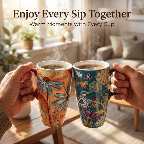 Topadorn Set of 2 Ceramic Travel Mugs with Lid, 17oz Ceramic Coffee Mug - Image 2