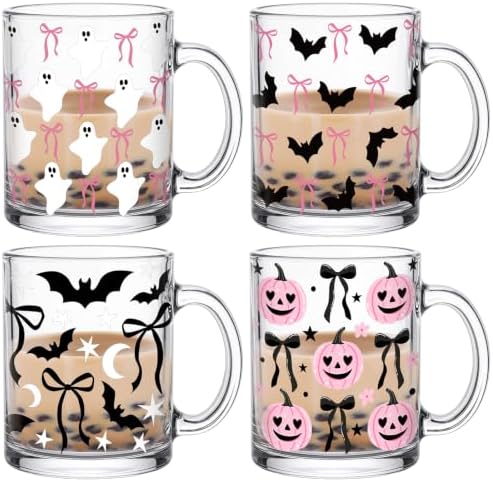 Tioncy 4 Pcs Halloween Coffee Mugs 12 oz Glass Pink Bow by Tioncy