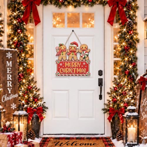 Christmas Decorations Gingerbread Trio Merry Christmas Hanging Wooden Sign - Image 2