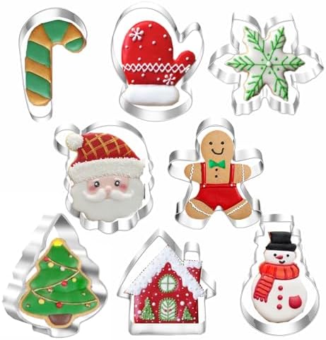 Christmas Cookie Cutters, 8PCS Holiday Cookie Cutter Shapes - Snowman,Christmas Tree,Gingerbread Man,Candy Cane,Snowflake,Santa Face,Christmas House, Winter Glove Cookies Mold by TUZICAKE