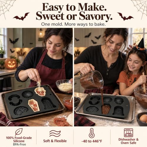 HKNMTT Skull Cake Pizza Pan 6 Spooky Shapes Halloween Silicone Baking Mold - Image 5