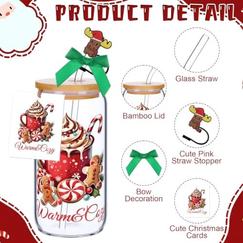 Vesici 6 Set Christmas Glasses Cups 16 oz Xmas Drink Cup with Lid Straw and Stopper Can Shaped Beer Tumbler Xmas Appreciation Gifts with Cards and Bow for Women Birthday Party Favor(Elegant Christmas) - Image 2