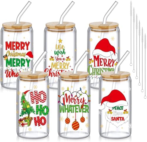 SiliFine 6 Pcs Christmas Glass Cups with Lid and Glass Straw, 16 oz by SiliFine