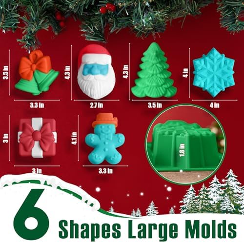 HKNMTT Large Christmas Silicone Molds for Baking Cake Muffins Oven Safe Freezing Soap Candle Cocoa Bomb Food Grade Tray, Deep Snowflake Tree Santa Gingerbread Gift Bell 6 Holiday Shapes Mould 2PCS - Image 3