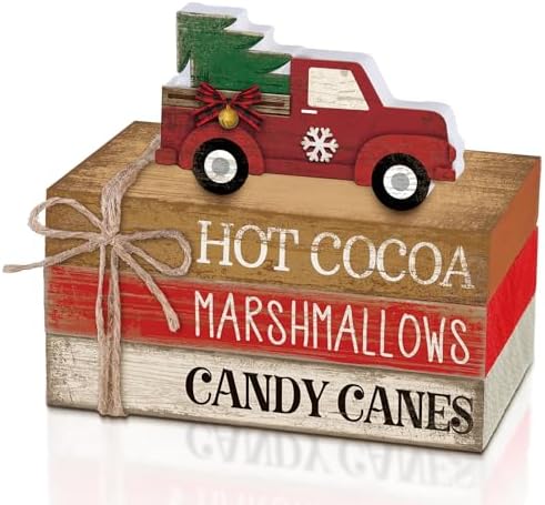 4 Pcs Christmas Tiered Tray Decor Red Truck Wooden Book Signs by Anglechic