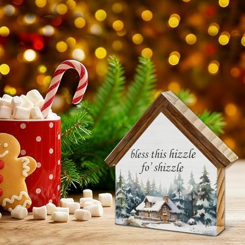Rustic Christmas Decor, Bless This Hizzle Fo' Shizzle House Shaped Sign - Image 3
