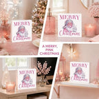 Pink Christmas Decor, Christmas Decorations Indoor, Sunglasses Claus Blowing Bubble Sign Gift for Women Friends, Rustic Wooden Box Sign for Home Office Bedroom Desk Decor 5x5 Inches - Image 5