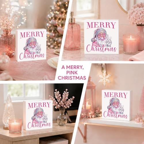 Pink Christmas Decor, Christmas Decorations Indoor, Sunglasses Claus Blowing Bubble Sign Gift for Women Friends, Rustic Wooden Box Sign for Home Office Bedroom Desk Decor 5x5 Inches - Image 5