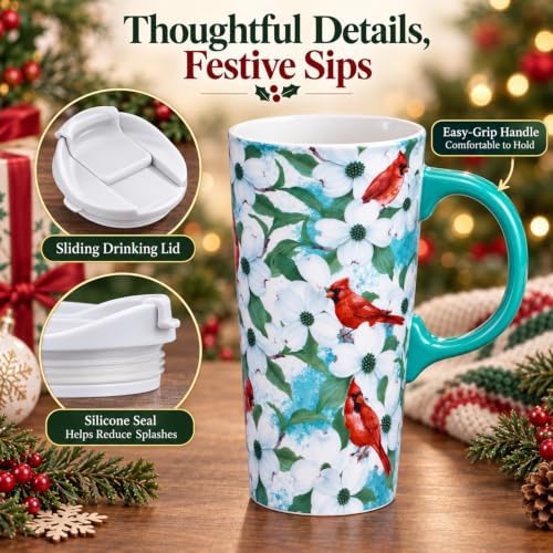 Topadorn Christmas Ceramic Coffee Mug, 17oz Travel Cup, Red Cardinals Bird - Image 3