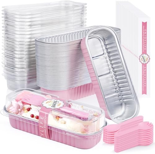 Mini Loaf Pans with Lids and Spoons Aluminum Foil, Disposable 6.8oz/200ml Pink Mini Cake Pans with Lids, Small Cake Tins Foil Bread Pan for Christmas Halloween Party Rectangle 30 Pack by ZOXILEN