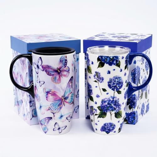 Topadorn 17oz Ceramic Travel Mugs Set of 2 with Lids, Butterfly Floral Set by Topadorn